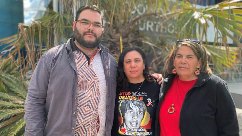 Steven Nixon-McKellar's brother Jarmmarley Willett and mother Raelene Nixon (centre), seen with Saraeva Mitchell, say the hearings have been distressing.(ABC Southern Qld: Laura Cocks)