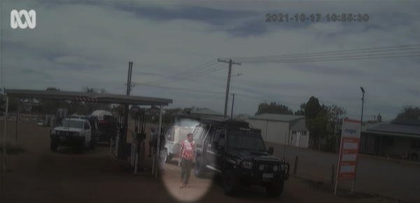 Jeremiah Rivers at a service station in White Cliffs (NSW) the day before he disappeared in outback Queensland in October 2021. (Supplied)