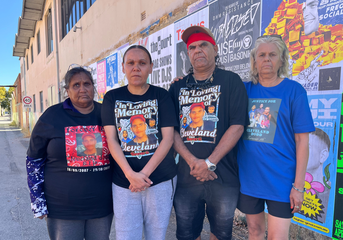 Cleveland Dodd's grandmother Glenda Mippy, grandfather Stewart Dodd, mother Nadene Dodd and aunty Julie Dodd after their press conference in Perth on Tuesday, 2 April. Image: Aaron Bunch (AAP)