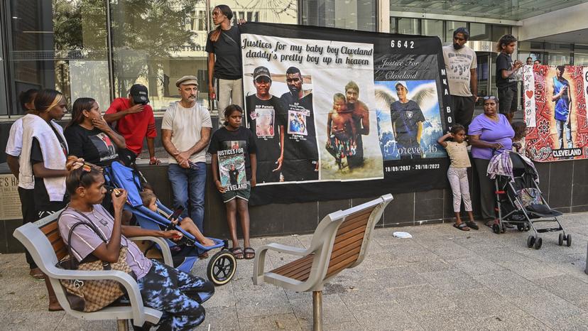 Supporters of Cleveland Dodd’s family outside the court where his inquest has been carried out. Credit: Iain Gillespie/The West Australian